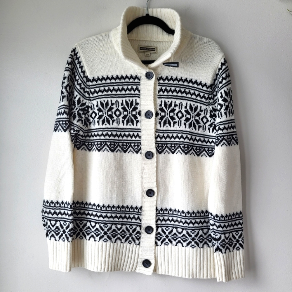 Lady Hathaway white and black fair isle button-up knit wool blend cardigan Sz L